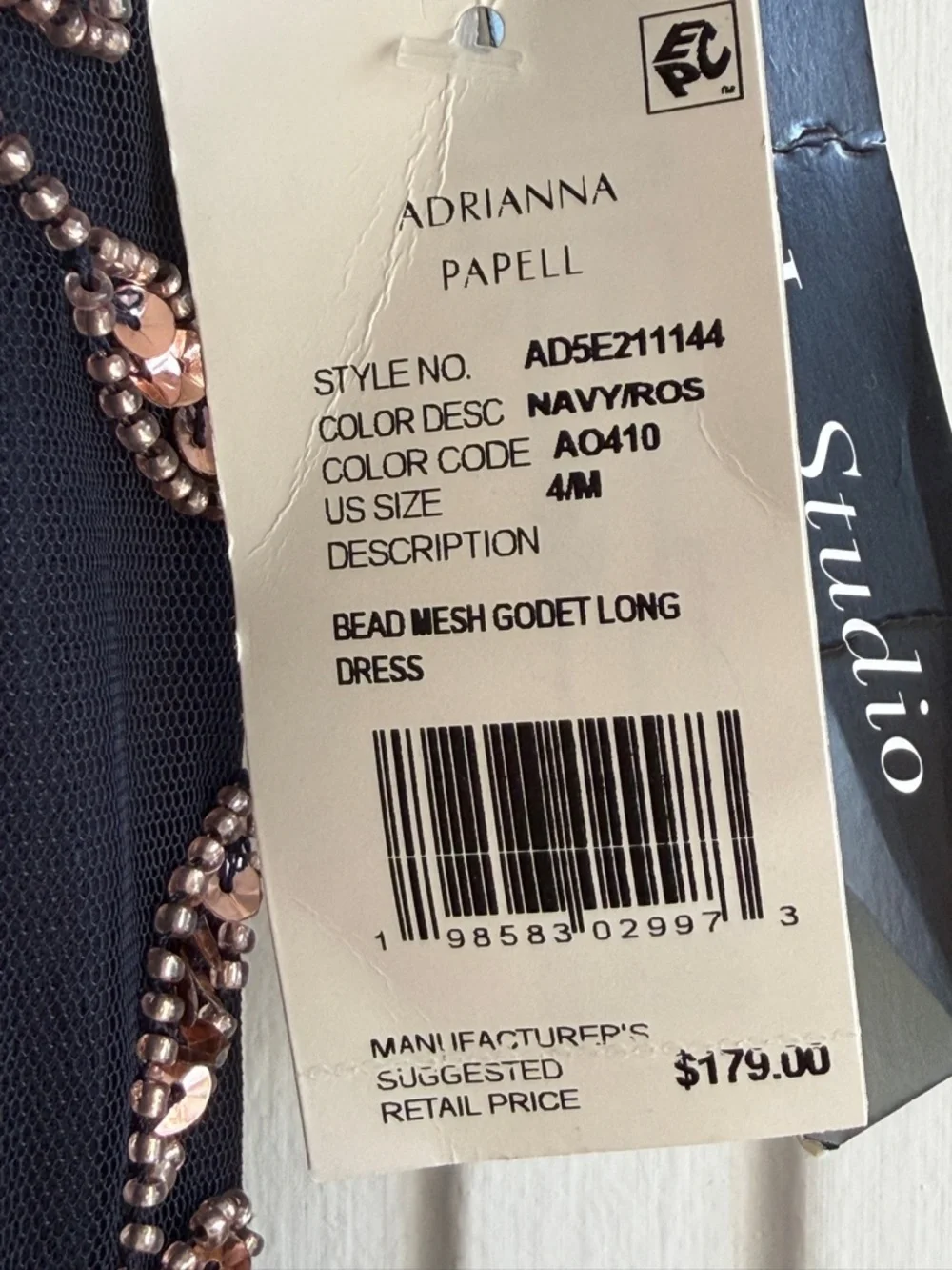 NWT Adrianna Papell Beaded Mesh Godet Navy Rose Gold Long Formal Gown Size 4